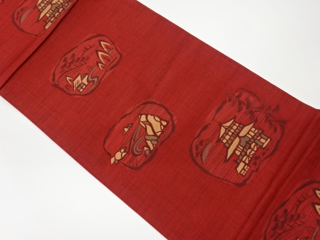 リサイクル　寺院に民家風景模様織出し洒落袋帯